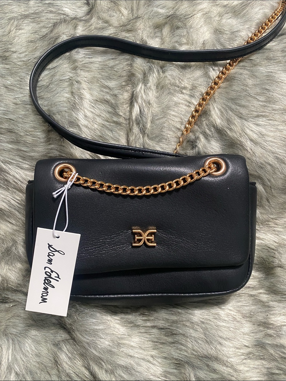 Sam Edelman Black Leather Crossbody with Gold Chain